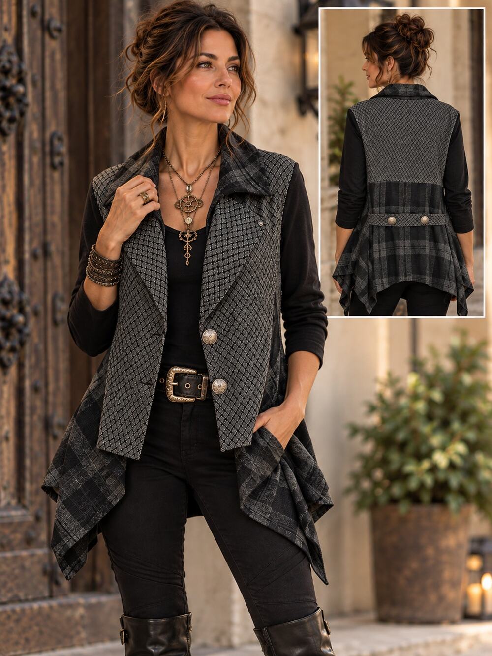 ANGELS NEVER DIE Black Gray Lagenlook Jacket Large Asymmetrical Wool Steampunk